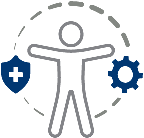 Icon depicting the outline of a human with a shield (denoting health) on the left side and a gear (denoting mechanisms) on the right