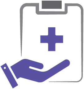 Icon showing a doctor’s clip board with the medical cross sign on it, a hand appears to be motioning to the board