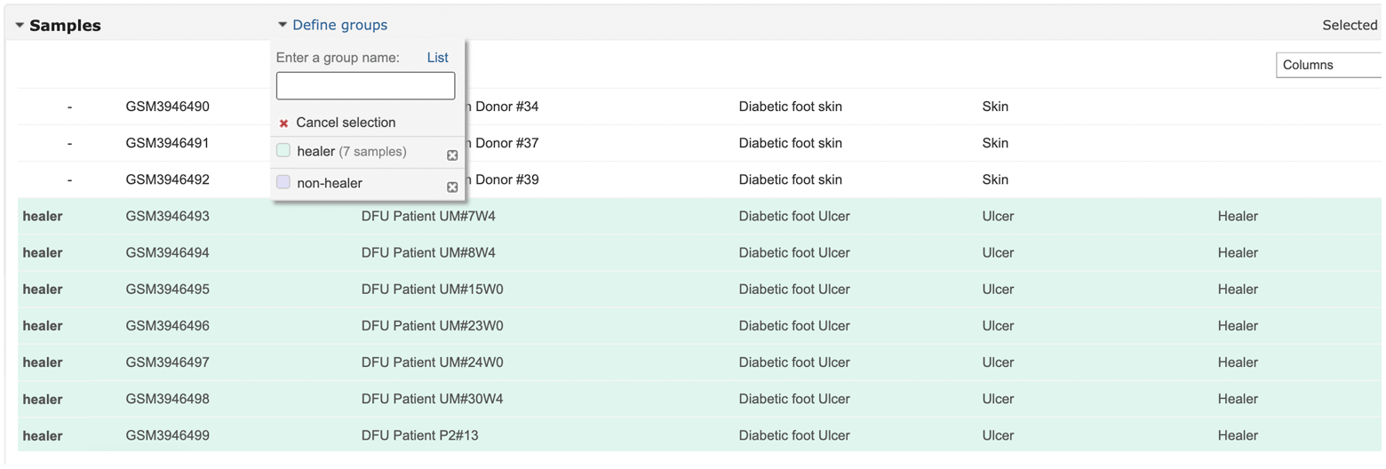 Screen shot showing the healer sample rows highlighted in a data grid.