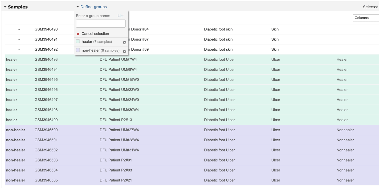 Screen shot showing the healer and non-healer samples selected.