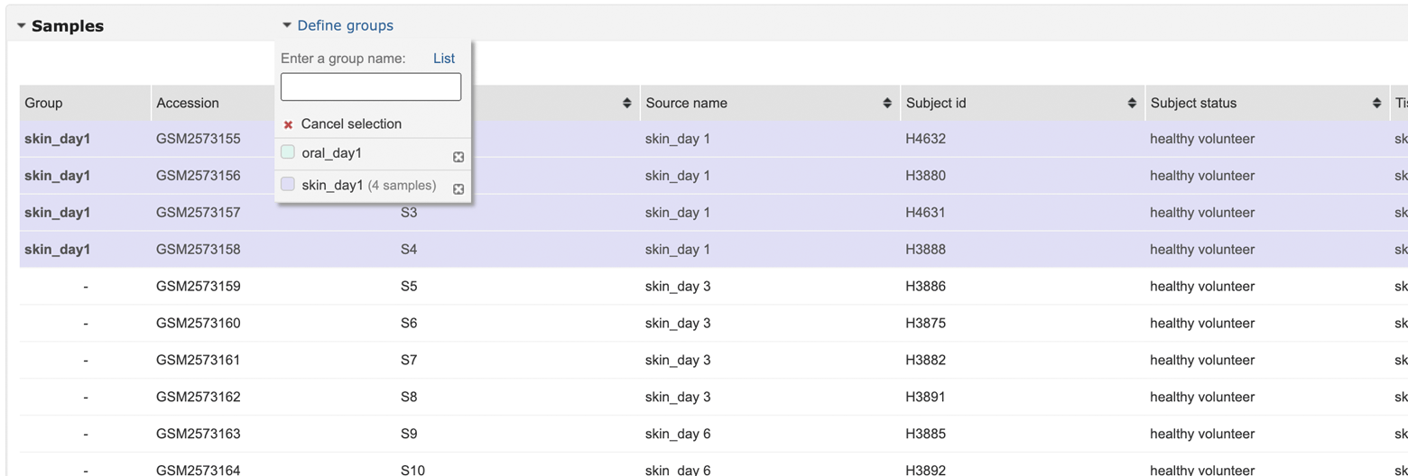Screen shot showing the oral_day1 sample rows highlighted in a data grid.