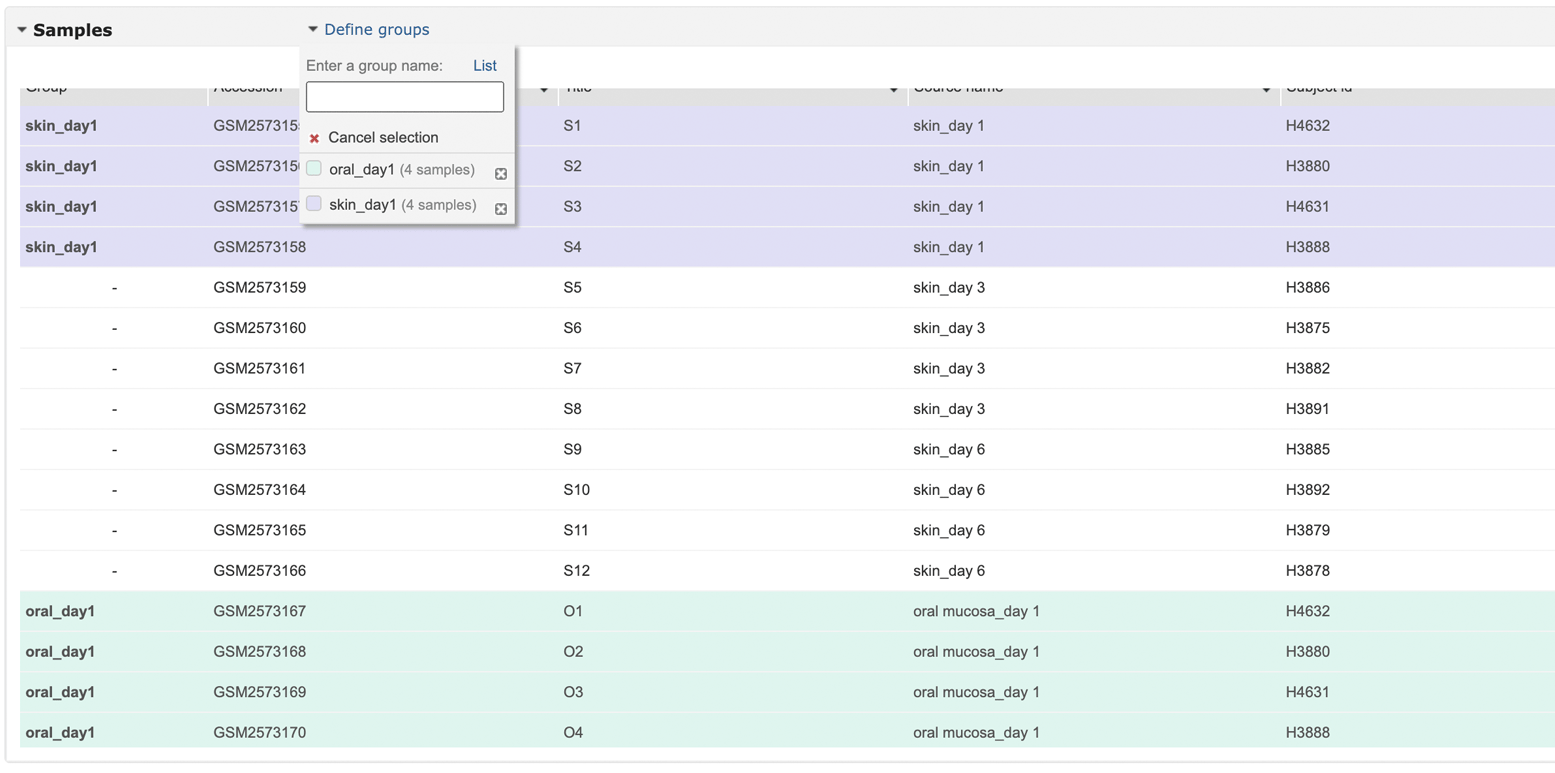 Screen shot showing the oral_day1 and skin_day1 sample rows selected in a data grid.