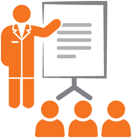 Icon depicting a person standing in the front of the room  pointing at a board with information while others sit and listen