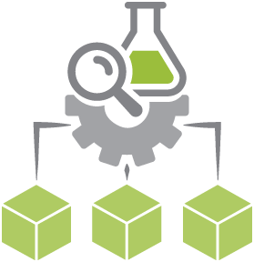 Icon depicting a beaker, a magnifying glass, and a gear denoting research, with lines leading to boxes denoting research outcomes
