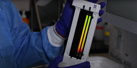 Pictured: Gloved hands hold a sequencer tool at the NIAMS Genomic Technology Core Facility
