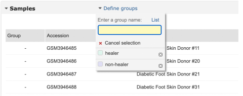 Screen shot showing the "define groups" pop up panel.