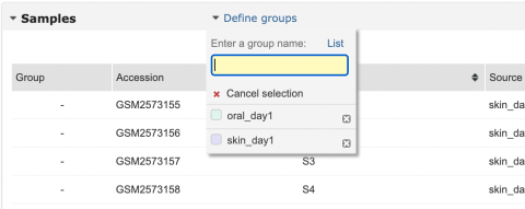 Screen shot showing the "define groups" pop up panel.