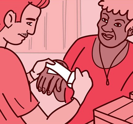 Illustration of a person bandaging a woman's hand