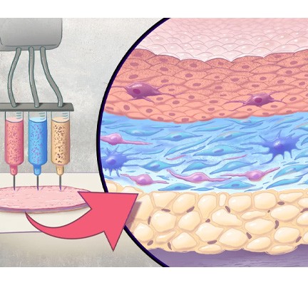 Graphic showing how artificial skin is printed by layering specific cell mixtures to mimic human skin: epidermis (top), dermis (middle) and hypodermis (bottom).