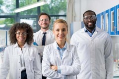 Group of scientists standing in a laboratory smiling
