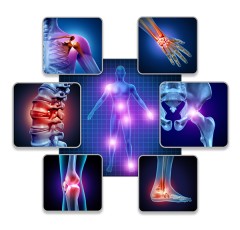 A collage of imaging photos of a full body and body parts (shoulder, wrist, hip, ankle, knee and spine) with radiating colors depicting joint pain.