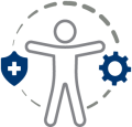 Icon depicting the outline of a human with a shield (denoting health) on the left side and a gear (denoting mechanisms) on the right