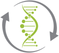Icon depicting a stylized DNA strand encircled by two connecting arrows