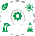 Stylized icon showing the outline of a human head with a gear inside, encircled by four icons of a leaf, a sun, a beaker, and smokestacks