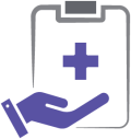 Icon showing a doctor’s clip board with the medical cross sign on it, a hand appears to be motioning to the board