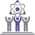 Icon depicting three people standing together with arms raised holding up a stylized depiction of an atom