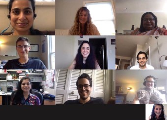 Video conference call with lab members arranged in a grid.