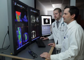 Two scientists examining scans on computer monitors