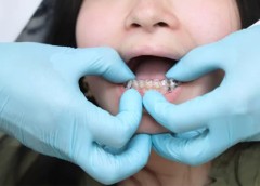 photo of medical staff applying a clear plastic liner onto patient's teeth