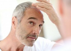 man checking hairline in mirror
