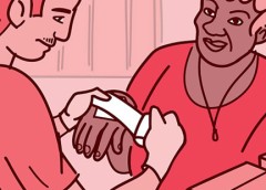 Illustration of a person bandaging a woman's hand