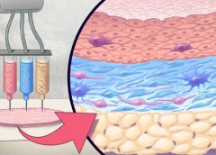 Graphic showing how artificial skin is printed by layering specific cell mixtures to mimic human skin: epidermis (top), dermis (middle) and hypodermis (bottom).